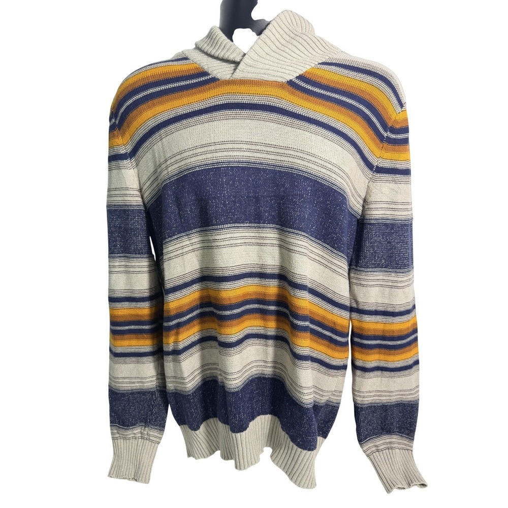 Sun and‎ Stone Sweater Mens Large Beige Navy Shawl Collar V-Neck Knit Casual